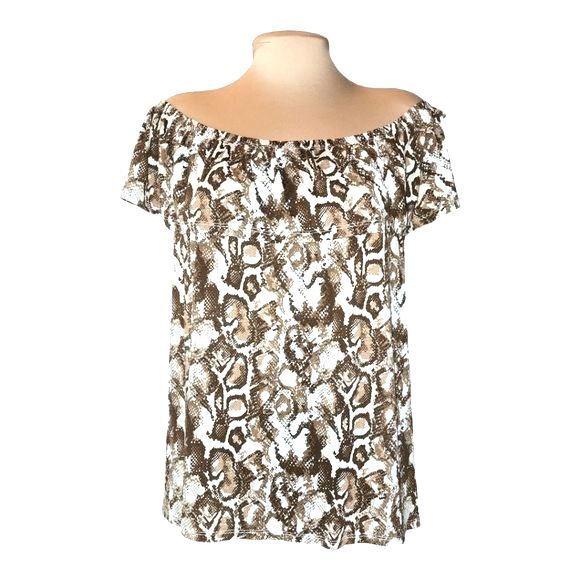 Panhandle NWT Brown & Cream Snakeskin Print On/Off Shoulder Blouse Plus Size XXL - Picture 2 of 10